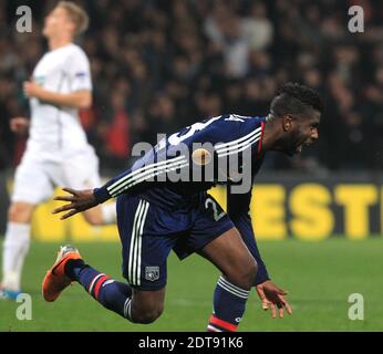 OL' s Samuel Umtiti feiert nach dem Tor während der Europa League Fußballspiel, Olympique Lyonnais gegen FC Viktoria Plzen im Gerland Stadium in Lyon Frankreich am 13,2014. März . OL gewann 4-1 - Fotos von Vincent Dargent/ABACAPRESS.COM Stockfoto