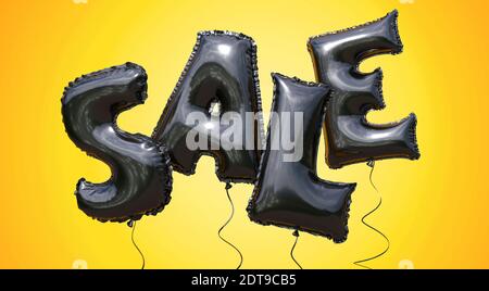 Schwarzer Freitag. Das Wort VERKAUF aus schwarzen Ballons auf gelbem Hintergrund. 3D-Rendering Stockfoto