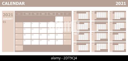 Kalender 2021 Woche Start Sonntag Corporate Design Planer Vorlage, Stock Vektor Stock Vektor