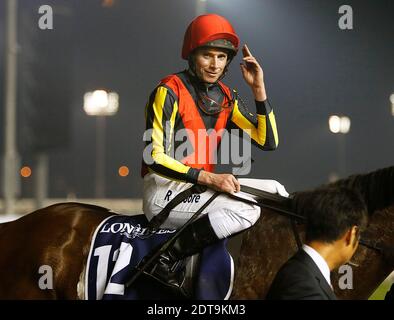 Der britische Jockey Ryan Moore auf seinem Pferd Gentildonna feiert nach dem Gewinn des Dubai Sheeba Classic Rennens am Weltcuptag in Dubai am 29. März 2013 auf der Meydan Rennbahn in Dubai, Vereinigte Arabische Emirate. Ein kosmopolitisches Treffen von Pferden aus sieben verschiedenen Ländern bestreitet die 10 Millionen US-Dollar Emirates Dubai World Cup auf der Meydan Rennbahn. Foto von Khaled Salem/ABACAPRESS.COM Stockfoto