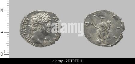 Herrscher: Hadrian, Kaiser von Rom, 76–138 n. Chr., regiert 117–38, Münzstätte: Rom, Denar von Hadrian, Kaiser von Rom, 117–38, Silber, 3.14 g, 6:00, 19 mm, Made in Rome, Italy, Roman, 2. Jahrhundert, Numismatik Stockfoto