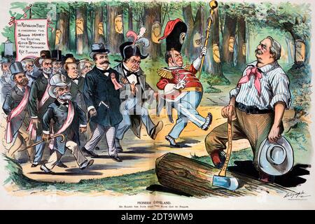 Louis Dalrymple Karikatur aus dem Puck Magazin: Präsident Grover Cleveland (rechts) hat den Weg beschritten, indem er sich fest an den Goldstandard hielt, den Puck als 'Sound Money' betrachtet: Cleveland hat in seiner Arbeit angehalten, um die 'Sound Money Parade' durchzusehen. Mark Hanna ist der Drum-Major, republikanischer Präsidentschaftskandidat William McKinley (bekleidet als Napoleon, Wem er ähneln soll) und der Vizepräsident Garret Hobart sind in der ersten Reihe hinter ihm, der ehemalige Präsident Benjamin Harrison (mit braunem Stock) ist auch in der ersten Reihe, Henry Cabot Lodge, John Sherman, Thomas Reed, und Stockfoto