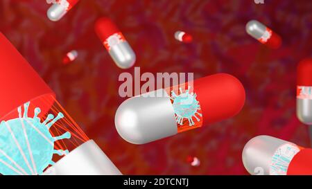 COVID-19-Impfstoff. Rote und weiße Pille zerstört rote Coronavirus-Krankheit. Gesundheitswesen und medizinische oder Pandemiekonzept. Roter Hintergrund Sci- Stockfoto