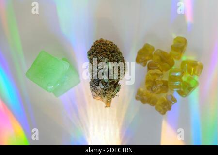 Essbare Cannabisgummis und Cannabisblüten im Regenbogenlicht Stockfoto