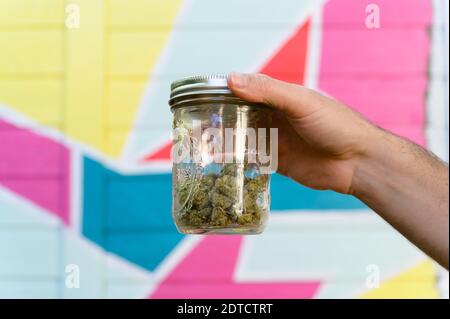 Nahaufnahme von mans Hand halten Glas mit Cannabis Knospen in Vorderseite des bunten Wandbildes Stockfoto