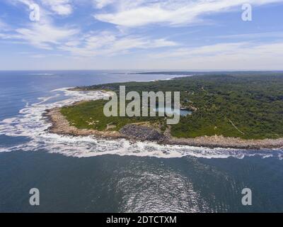 Heilbutt Point State Park und körnige Steinbruch Luftaufnahme und die Küste Luftaufnahme in der Stadt Rockport, Massachusetts MA, USA. Stockfoto