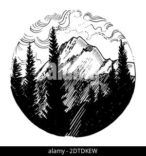 Berggipfel und Wälder. Tinte schwarz-weiß Zeichnung Stockfoto