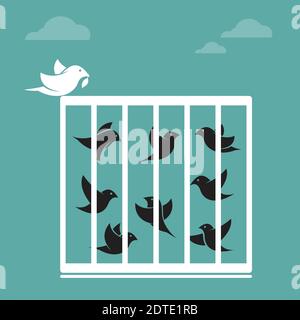Vektorbild eines Vogels im Käfig und außerhalb des Käfigs. Freiheitskonzept. Leicht editierbare Vektorgrafik mit Ebenen. Tiere. Stock Vektor