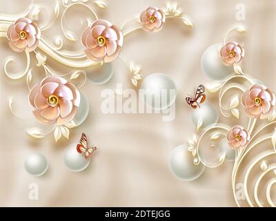 3d-Illustration, beige Seide Hintergrund, große rosa Zierblumen, weiße Perlen, zwei Schmetterlinge Stockfoto