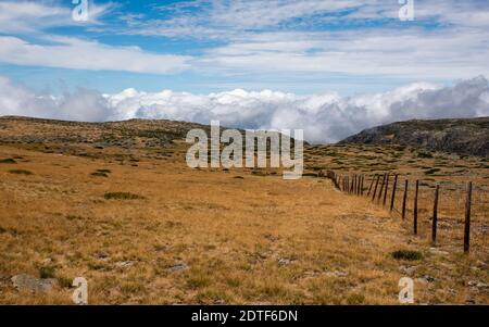 Holzzaun im Berg in Richtung Himmel mit Wolken In der Serra da Estrela in Portugal Stockfoto