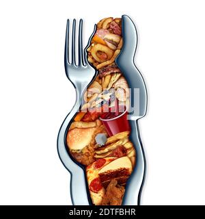 Übergewichtige übermäßiges Essen und Essen zu viel Fast Food und Gewichtszunahme oder Adipositas Konzept als Gabel und Messer als übergewichtige Person mit Lebensmitteln geformt. Stockfoto