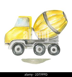 Cute Cartoon Illustration der Konstruktion gelben Beton Mischer LKW. Handbemaltes Aquarell Kinderdesign Stockfoto