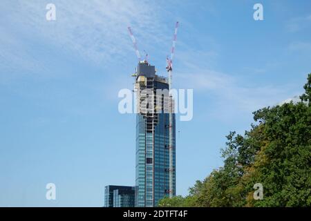 Bau eines Wolkenkratzers und zwei Baukräne. Verrückte Kraniche vor dem Hintergrund des Himmels und der Bäume. Kronen von Bäumen und Himmel Stockfoto