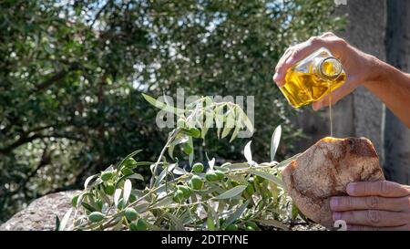 Olivenernte mit Steinboden Ölflasche in grau mit Brot, Hände würzen das Brot Stockfoto