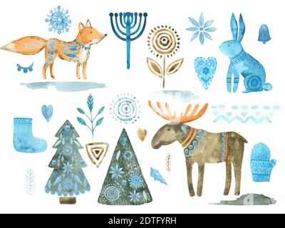 Folk Weihnachten Tiere Cliparts. Aquarell-Illustration einer nordischen Winter Elements Kollektion Stockfoto