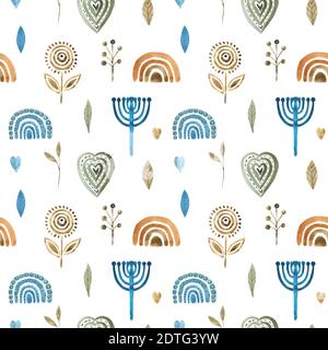 Aquarell nahtlose Muster Folk floral Elemente handbemalt skandinavischen Stil, boho Regenbogen Kinder-Design. Stockfoto