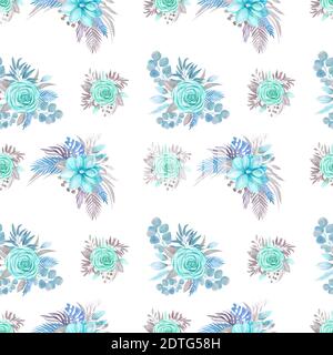 Nahtloses Muster Botanical Arrangement, blühende Magnolie, Rose auf weißem Hintergrund. Blumenarrangement Bouquet Blumen Blätter Zweige Stockfoto