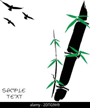 Handgezeichnete Illustration einer Bambus- und Vogelsilhouette vor weißem Hintergrund. Stock Vektor