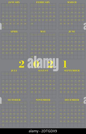 2021 vertikaler Jahreskalender gelb auf grauen Farben des Jahres 2021 Designer-Schnitt Stock Vektor