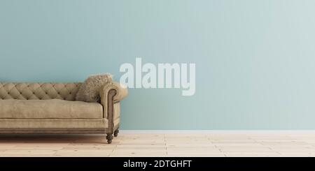 Modernes Interieur mit Vintage-Ledersofa, 3D-Rendering. Stockfoto