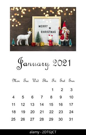 Kalender öffnen Januar 2021, Weihnachtskomposition auf weißem Hintergrund Bildung, Ziele, Resolutionen, Plan, neues Jahr Me Konzept Weihnachtskarte Stockfoto