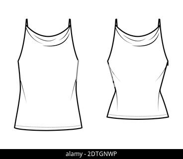 Set von Tanks High Cowl Camisoles technische Mode-Illustration mit Empire-Naht, dünne verstellbare Träger, Tunika Länge, schlank oder übergroße Passform. Flattop Schablone vorne. Frauen Männer Unisex CAD mockup Stock Vektor