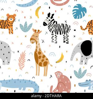 Niedliche kindliche Doodle nahtlose Muster mit wilden afrikanischen Tieren: zebra, Elefant, Affe, Tiger, Krokodil, Giraffe mit abstrakten Elementen auf Backgrou Stock Vektor