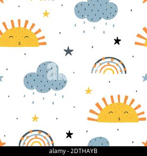 Niedliches kindliches nahtloses Muster mit Sonne, Wolken, Regen, Sternen und Regenbögen. Handgezeichnete Vektorgrafik im skandinavischen Doodle-Stil. Stock Vektor