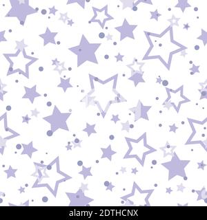 Nahtloses abstraktes Muster mit Sternen und Punkten aus blauen und violetten Farben auf weißem Hintergrund. Fantasy. Kindliche Tapete. Magischer Vektor Ornament. Stock Vektor