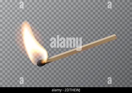Brennender Streichholz mit Feuerflamme. Holzmatch, heiß und glühend rot isoliert auf transparentem Hintergrund. Abstrakter realistischer horizontaler Vektor Stock Vektor