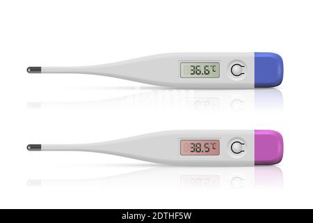 Medizinisches Digitalthermometer-Set. Temperaturscanner für Fiebervektordarstellung. Elektronische Geräte auf weißem Hintergrund. Gerät für Stock Vektor