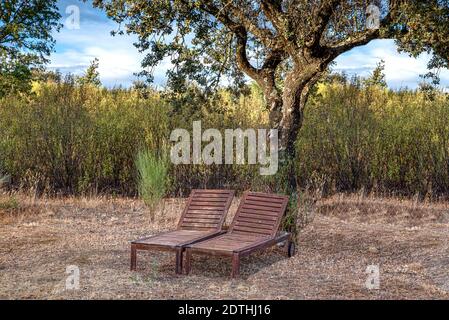 Gartenmöbel auf dem Land, Liegen in der Natur ruhen Stockfoto