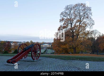 UPPSALA, SCHWEDEN AM 14. OKTOBER 2013. Blick von einem Hügel und eine Kanone. Alte Waffe diesseits des Botanischen Gartens. Redaktionelle Nutzung. Stockfoto