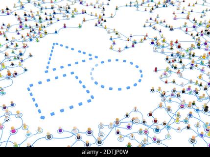 Menge von kleinen symbolischen 3d-Figuren durch Linien verbunden, komplex geschichteten System geometrische Form leere Konturen, über weiß, horizontal Stockfoto
