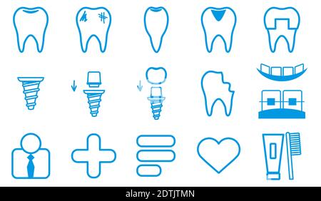 Zahnarztsymbole Eingestellt. Kollektion Dünne blaue Linien Symbol. Linearer Stil von Symbolen. Vektorgrafik. Stock Vektor