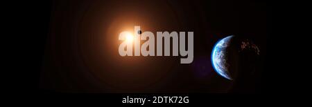 Sonnenaufgang über der Erde aus dem Weltraum mit dem Mond vorbei Das Sonnenpanorama-Konzept Stockfoto