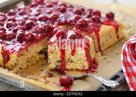 Süßer Stracciatella Kuchen mit rotem Fruchtgelee, Kirschen und Vanillesauce bedeckt Stockfoto