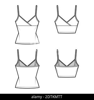 Set von Camisoles Surplice Tank Top technische Mode Illustration mit Empire-Naht, verstellbare Träger, Slim Fit, Crop oder Tunika Länge. Flache Vorlage vorne zurück weiße Farbe. Frauen Männer CAD Mockup Stock Vektor