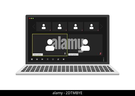 Benutzeroberfläche für Videokonferenzen auf einem realistischen Laptop, Fenster für Videokonferenzanrufe überlagert. Sechs Benutzer. Stock Vektor