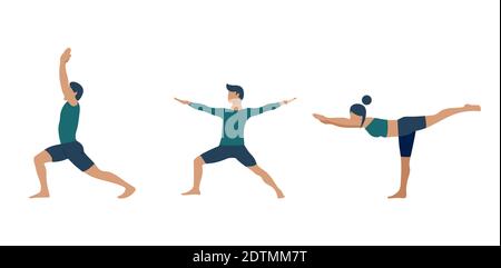 Sammlung von jungen Menschen Durchführung Yoga Asana Virabhadrasana. Set von flachen Comic-Figuren demonstrieren verschiedene Yoga-Positionen. Gesund Stock Vektor