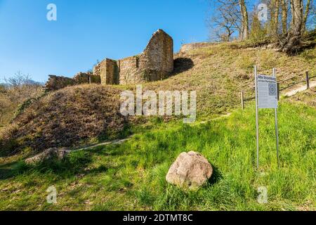 Schloss Pfarrköpfchen bei Stromberg im Hunsrück, ein Hügelschloss mit einer Kapelle, in der sich ein Mosaikboden mit Rosettenmosaik befand, gegründet von Graf Palatin Ruprecht, aus der Salier-Zeit, Soonwald, Stockfoto