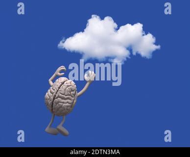 Human Brain Cartoon geht zu einer Wolke in den Himmel, 3d-Illustration Stockfoto