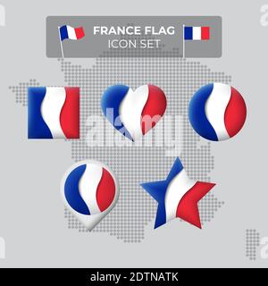 Frankreich Flaggen-Symbole in Form von Quadrat, Herz, Kreis, Sterne und Zeiger, Kartenmarkierung gesetzt. Mosaikkarte von frankreich. Winken im Wind. Französisch tricolor Stock Vektor