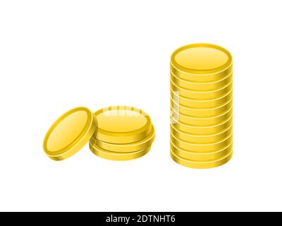 Goldene Münzen Stapel. Zwei Stapel realistischer Metallwährung. Banking, Wirtschaft, Vermögenskonzept. Investitionen. Goldreserven. Goldpreis. Isoliert auf Weiß Stock Vektor