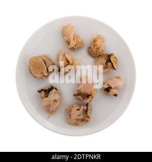 Draufsicht auf kleine gekochte Muschelschnecken auf einem Teller isoliert auf weißem Hintergrund. Stockfoto