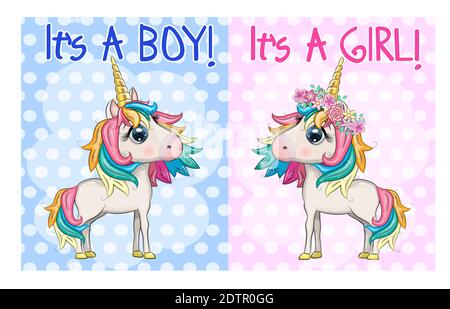 Baby Dusche Grußkarte mit niedlichen Cartoon Einhorn Mädchen und Junge Stock Vektor