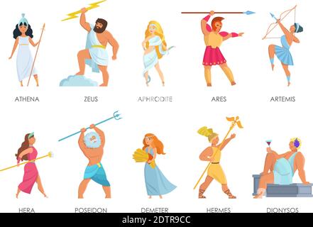 Vektor-Set von olympischen Pantheon. Griechische Götter und Göttinnen Cartoon-Stil Stock Vektor