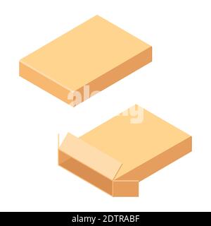 Leeren Sie den offenen und geschlossenen Karton. Isoliert auf weißem Hintergrund. Vektorgrafik. Isometrische Ansicht Stock Vektor