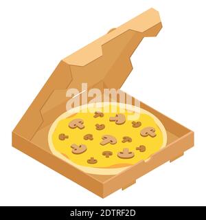 Pilzpizza in einem Karton für Restaurants oder Pizzerien Lieferung. Leckere Pizza mit Käse und Pilzen. Stock Vektor