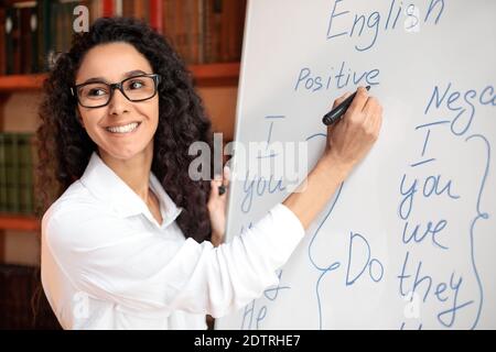 Lächelnde Lehrerin, die am Whiteboard schreibt und Regeln erklärt Stockfoto